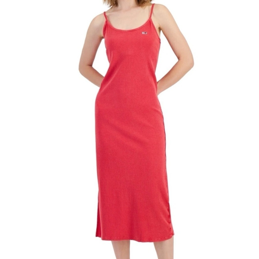 Tommy Jeans Midi Washed Red Scarlet Sleeveless Ribbed Side Slit Dress Sz M NWT